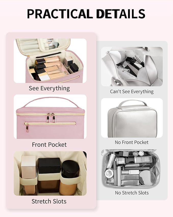Wandering Nature Large Makeup Bag, Travel Make Up Organizer Cosmetic Brush Bags Case for Women in in Fabric,Pink,Patent Pending