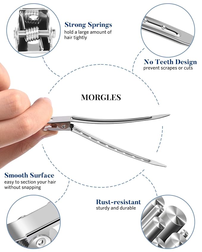 3 Sizes Metal Hair Styling Clips 70PCS, MORGLES No Crease Alligator Clips for Hair Rollers with 2pcs Parting Comb for Braids, Coloring and Styling