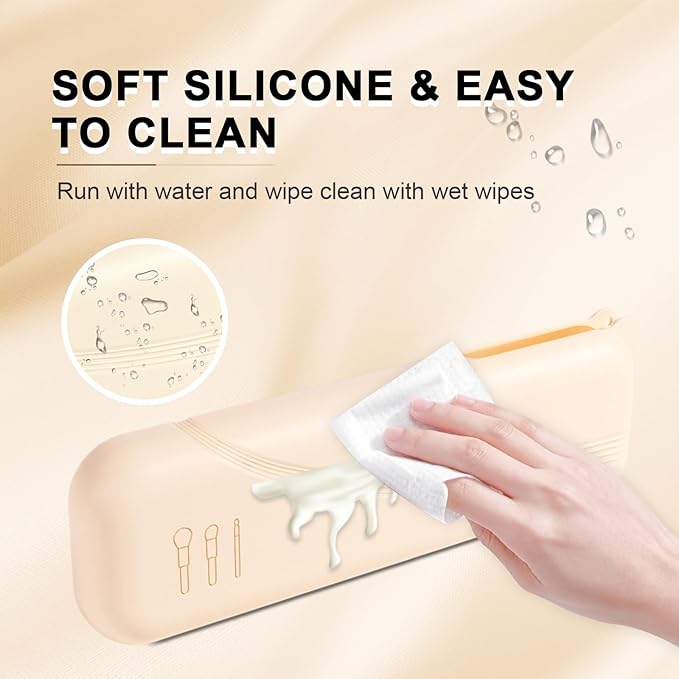 Silicone Makeup Brush holder travel case,Large makeup brush bag with Half-open Snap Design, Anti-fall Out vanity organizer for Toothbrushes,lipstick,eyebrow pencil,BB Cream,Liquid Foundation (Beige)