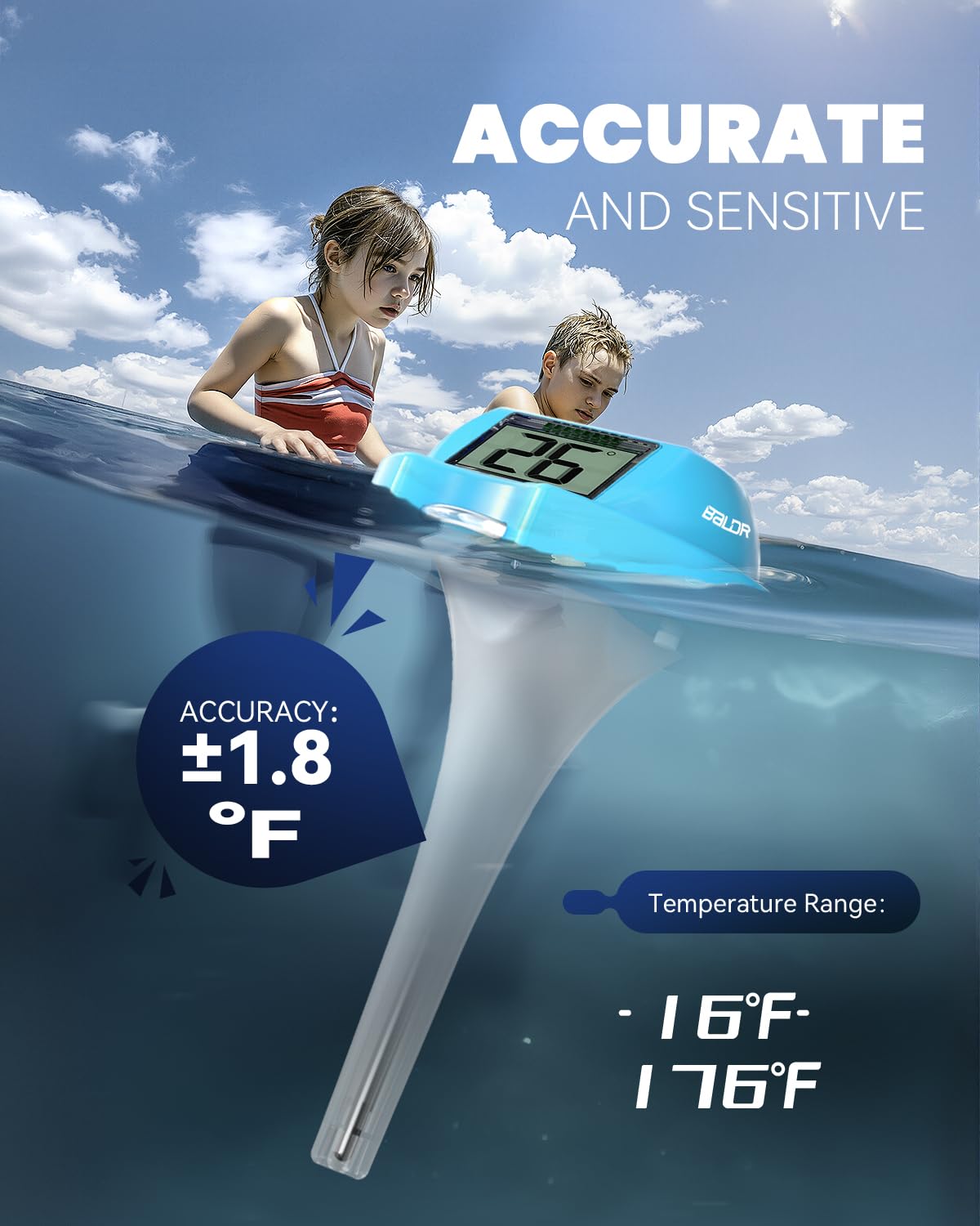 BALDR Pool Thermometer Floating Easy Read, Solar Digital Pool Thermometer with Dual Large Screens, IPX7 Water Temperature Gauge for Inground Above Ground Pools & Spas (Light Blue)