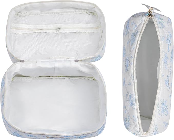 3pcs Large Cotton Quilted Makeup Bag Set,Coquette Aesthetic Cute Travel Toiletry Bag,Drawstring Gift Bag for Women and Girls(3Pcs Light Blue)