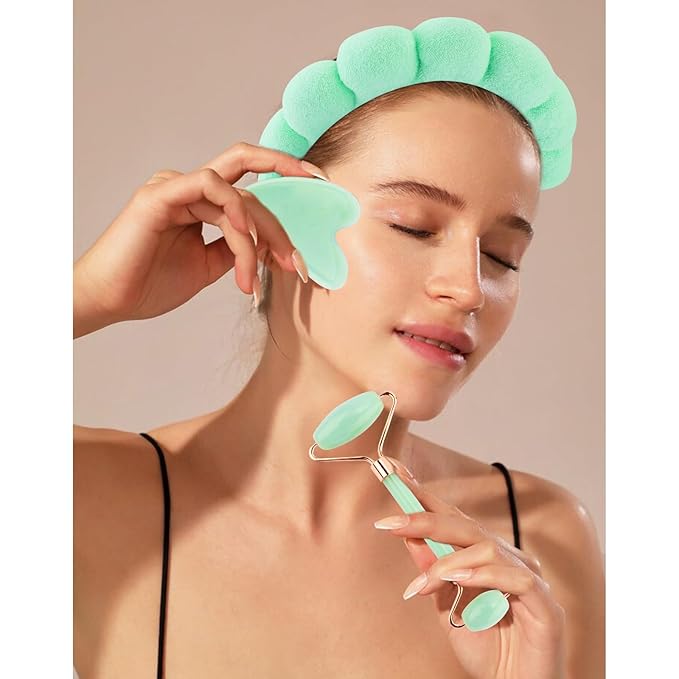 Chanaco Spa Headband and Wristbands for Women Gua Sha & Jade Roller Facial Tools Skincare Headband for Washing Face Makeup Fash Wash Hairband Teen Girl Trendy Stuff