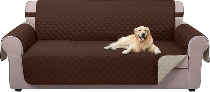 U-NICE HOME 4 Seater Sofa Cover 91 Inch Large Couch Covers for 4 Cushion Couch with Elastic Straps Water Resistant Furniture Protector Cover for Pets Cat (Sofa XX-Large, Brown/Beige)
