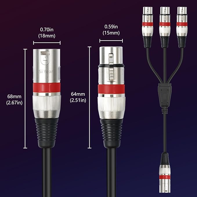 SiYear XLR Splitter Cable 3 Way - 1 XLR Male to 3 Female Patch Y Cable Balanced Microphone Splitter 3 in 1 Cord Audio Adapter (60cm/2FT)