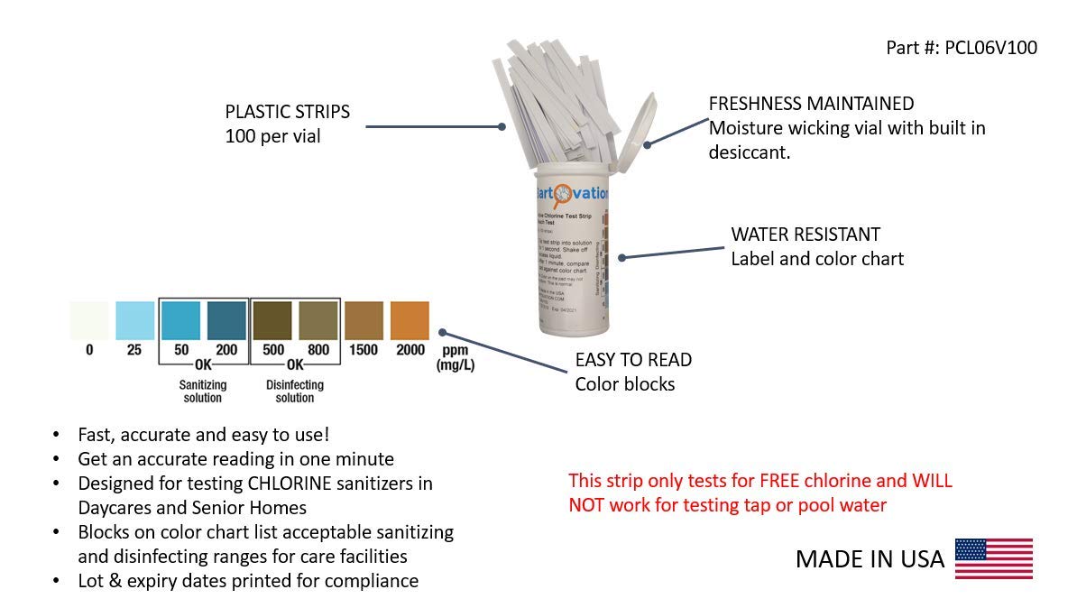 Active Chlorine Bleach Test Strips, 0-2000 ppm [Vial of 100 Plastic Strips] Designed for Daycares and Senior Homes for Sanitizing and Disinfecting