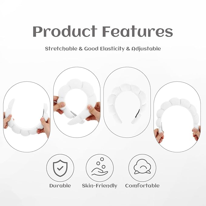 Women Spa Headband, White - Soft, Terry Cloth, Comfortable, and Absorbent Headband for Washing Face, Makeup, Skincare, Yoga, Sports, Shower, Hair Accessories for Women Girls