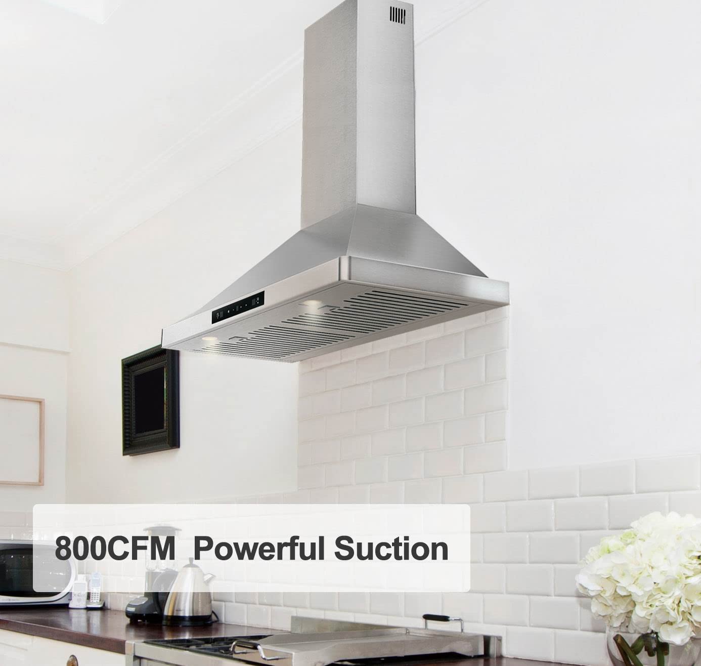 EVERKITCH 24 inch Wall Mount Range Hood 800CFM, with DC Motor, Stainless Steel Vent Hood with 6 Speeds Exhaust Fan, Convertible to Ducted and Ductless, with stainless steel filters