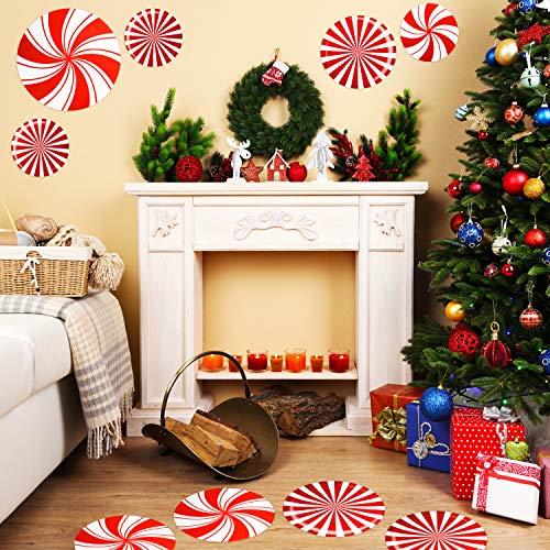 Outus 24 Pieces Christmas Peppermint Floor Decals Stickers for Christmas Decoration Candy Party Supply Red and White Large Decals for Floors, Windows, Counters and Walls