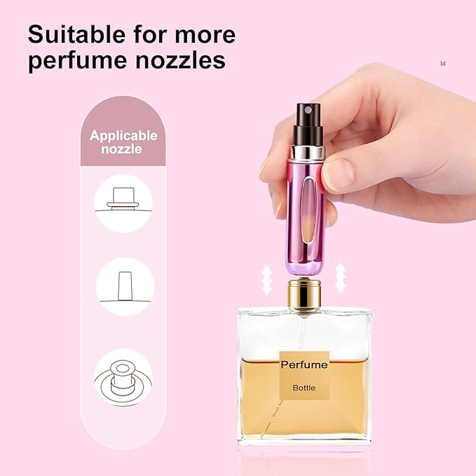 Portable Mini Perfume Atomizer Bottle, Refillable Spray, Scent Pump Case, Travel Atomizer (5ml, 5 Pack) (Pink, Gold, Black, Silver, Blue)