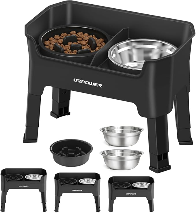 URPOWER Mess Proof Slow Feeder Dog Bowls 4 Height Adjustable Elevated Bowl Stand with 2 Stainless Steel Dog Bowls and 1 Slow Feeder Non-Slip Food and Water Bowl Set for Small and Medium Dogs