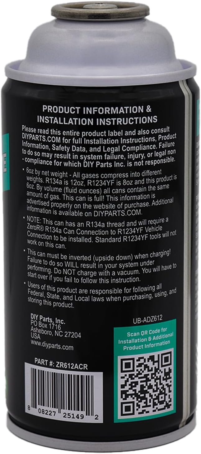 ZeroR AC Refrigerant R134a Replacement - Eco-Friendly, 100% Natural Hydrocarbon Gas - Compatible and Easy to Install with R134a A/C Recharge Systems - 6 Cans (6oz Each)