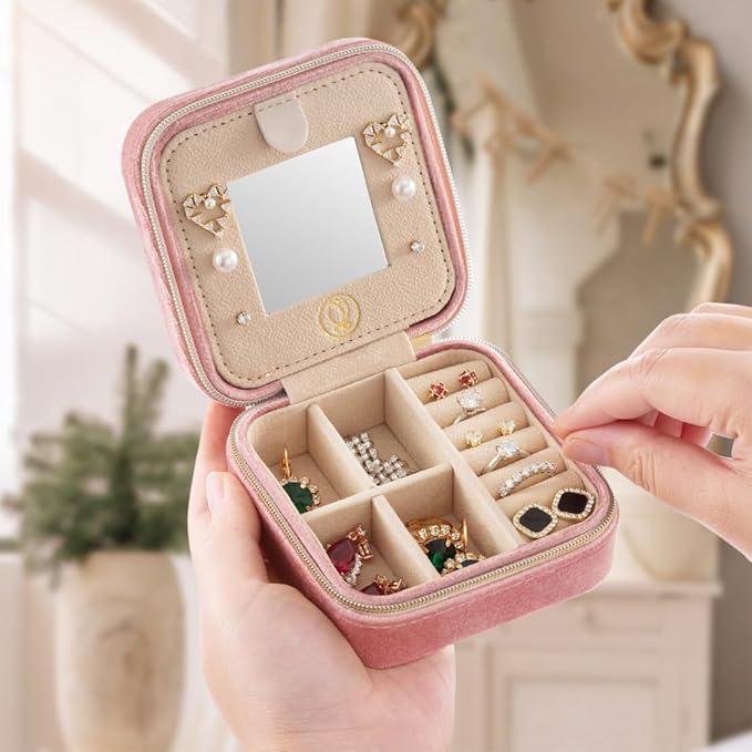 Plush Velvet Jewelry Travel Case,Small Jewelry Box,Traveling Jewelry Organizer,Portable Jewellery Storage Holder for Rings Earrings Necklace Bracelet, for Girls Women | Pink-Mirror