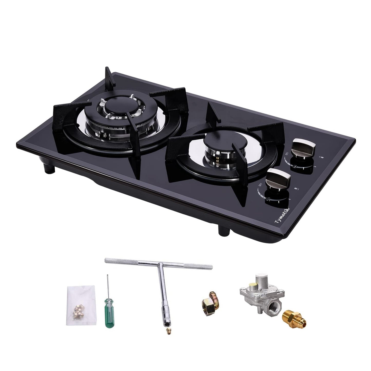 Tymetik 12 Inch Gas Cooktop - 2 Burner Built-in Stovetop with Tempered Glass, LPG/NG Convertible Dual Fuel, Ideal for RVs, Apartments, Outdoor