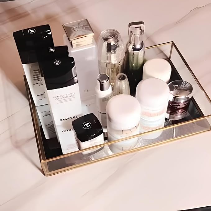 Sooyee Gold Rectangle Mirror Tray, Metal and Glass Decorative Tray Can Hold Perfume, Jewelry, Cosmetics, Makeup, Magazine and More for Vanity, Dresser, Bathroom, Bedroom (12"x8")