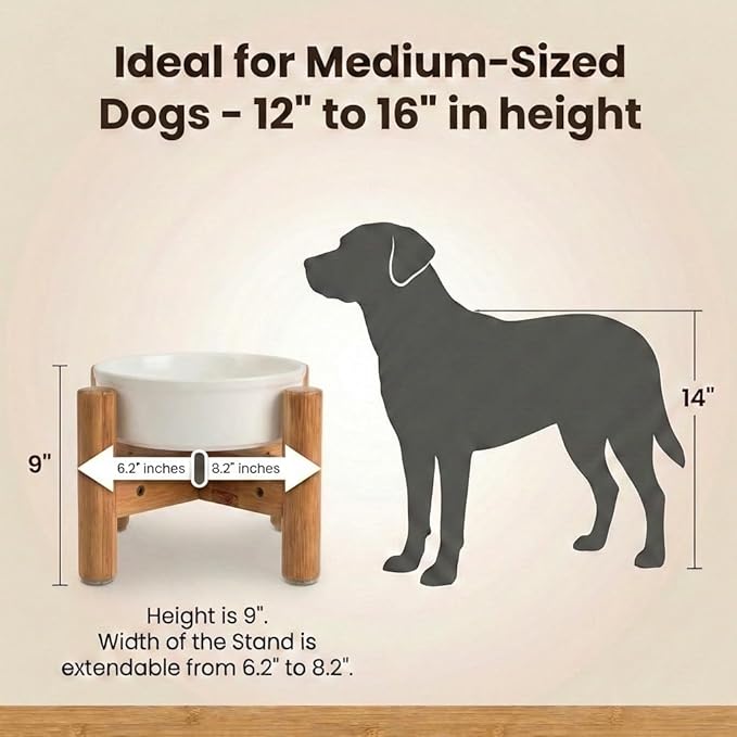 Dog Bowl Stand - Raise, Elevate Bowls to 9-inch High - Adjustable, Fits 6 up to 8-inch Medium Dog Food/Water Feeders, Dishes and Fountains - Durable Bamboo