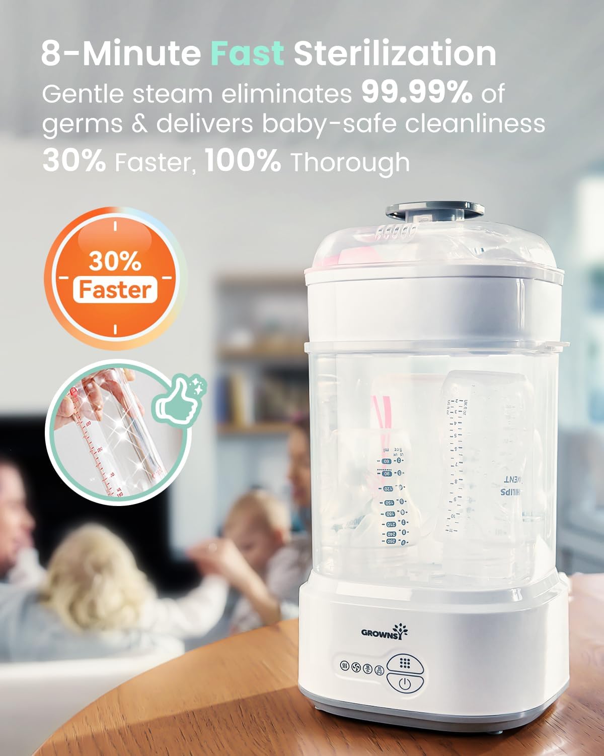 GROWNSY Bottle Sterilizer and Dryer, Compact Electric Steam Baby Bottle Sterilizer (Esterilizador de Biberones), Bottle Sanitizer for Baby Bottles, Pacifiers, Pump Parts