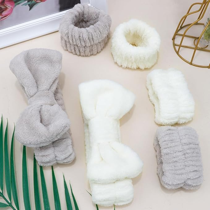 SPA Headbands for Washing Face Makeup Headbands with Bow Hair Band Women Facial Head Band Wrist Towel Wraps For Shower Face Mask White Gray, 6 Pack
