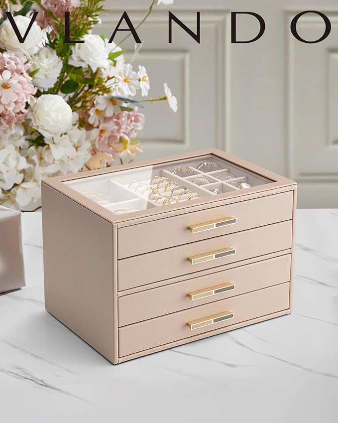 VLANDO 4 Layer Jewelry Box for Women, Glass Lid Jewelry Organizer with 4 Drawers for Necklaces Rings Earrings Bracelets - Toffee