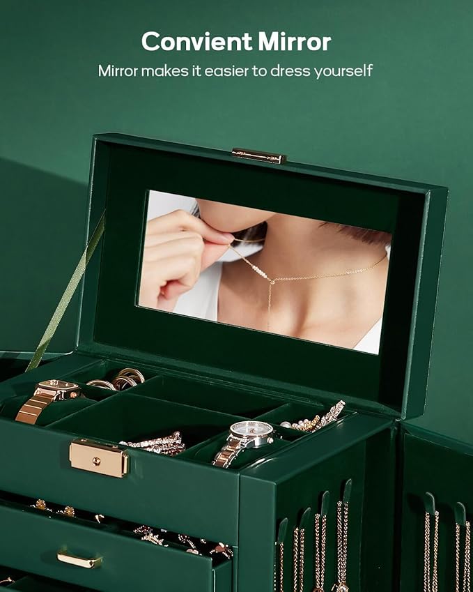 Homde Synthetic Leather Huge Jewelry Box Mirrored Watch Organizer Necklace Ring Earring Storage Lockable Gift Case (Forest Green + Gold)