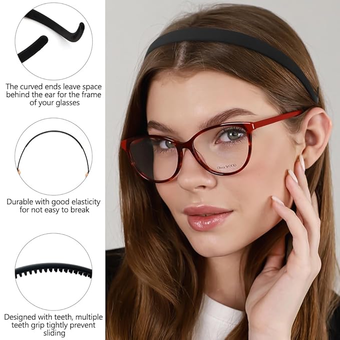 TOBATOBA Black Headbands for Glasses Wearers No Pressure No Headache Square Sunglasses Headband for Women Comfortable Plastic Hairbands with teeth, Womens Headbands Non Slip 6Pcs
