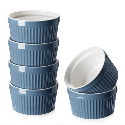 DOWAN 8 oz Porcelain Ramekins Bowls for Souffle, Creme Brulee, Classic Style Ramekins for Baking Oven Safe, Set of 6, Airy Blue