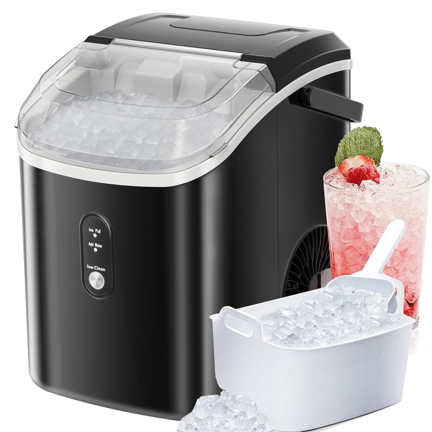 Nugget Countertop Ice Maker with Chewable Pellet Ice, Antarctic Star Portable Ice Machine Pebble Ice with Self-Cleaning, 34Lbs/24H, One Button Operation, for Kitchen, Home Black