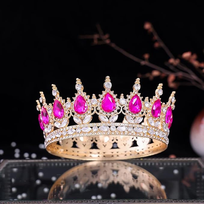 Hot Pink Queen Crown for Women Crystal Tiara for Women Rhinestone Wedding Headband for Bride Hair Accessories for Costume Birthday Party Prom Gifts