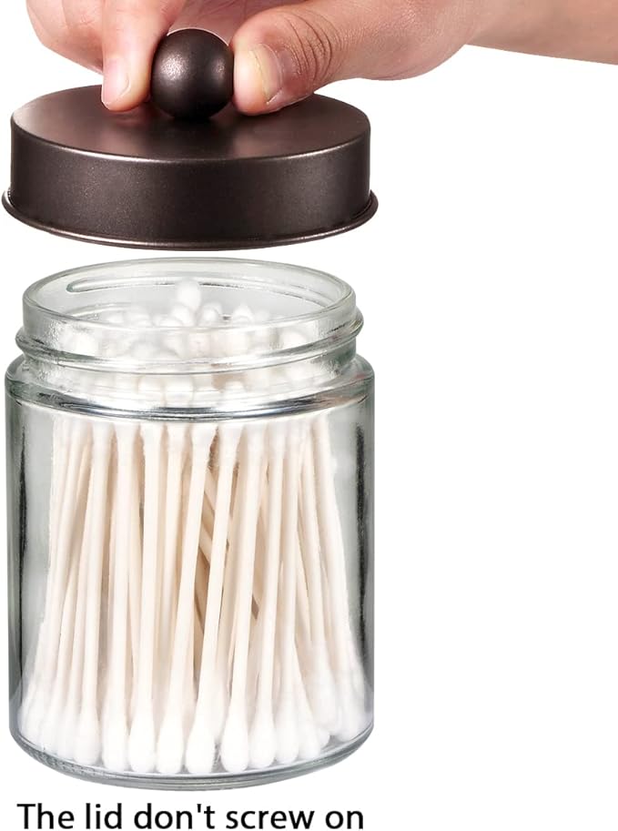 Amolliar 4 Pc Glass Apothecary Jars - Countertop Qtip Dispenser Holder with Stainless Steel Lids&Cute Stickers -Bathroom Vanity Storage Organizer Set for Qtips,Cotton Swabs/Rounds (Bronze)