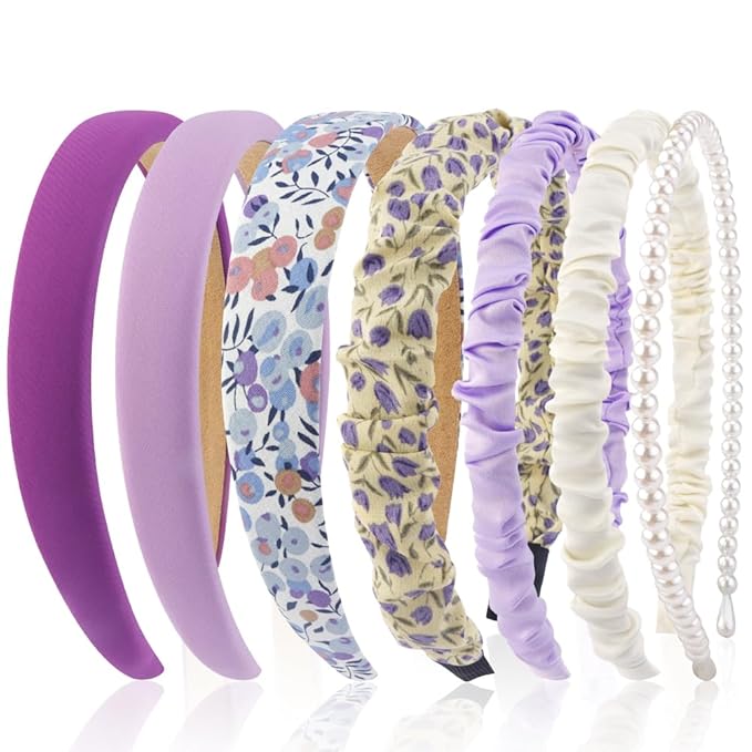 AHONEY 7 Pack Headbands for Girls Women Headbands Trendy Non Slip Hairbands Cute Hair Accessories Multi-style Pearl Headband Pack Diademas Para Mujer (Purple)