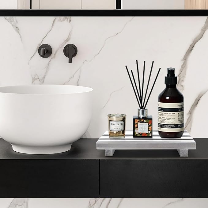 Renawe Wood Pedestal Stand for Bathroom Tray Kitchen Counter Decor Bathroom Sink Accessories Decorative Wooden Risers for Kitchen Soap Tray Vanity White Bathroom Counter Decorations Dish Soap Holder