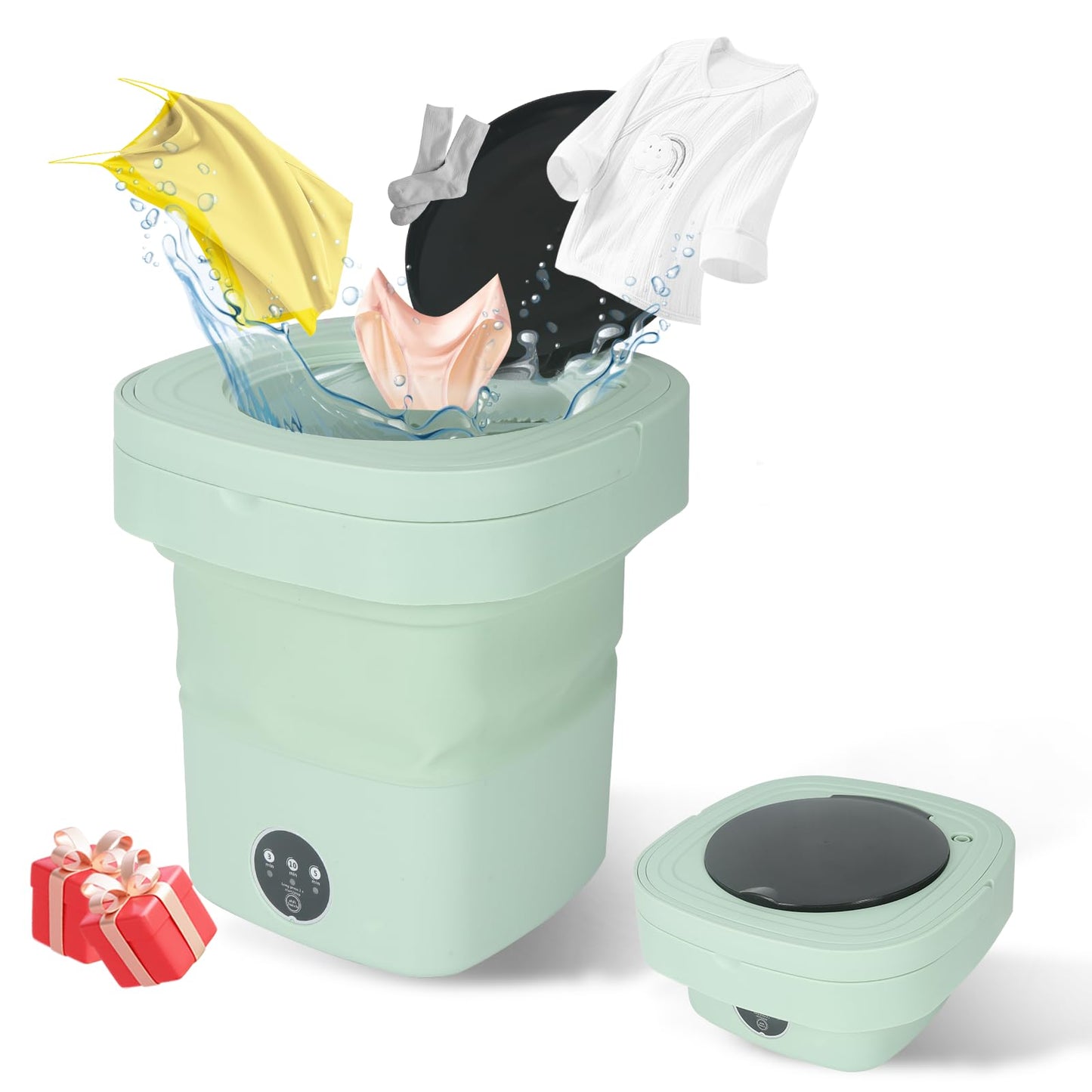 Mini Portable Washing Machine, 9L Foldable Washer with 3 Modes, Ideal for Baby Clothes, Underwear, Socks, Space-Saving Design for Home, Apartment, Hotel, Camping & Travel (Green)