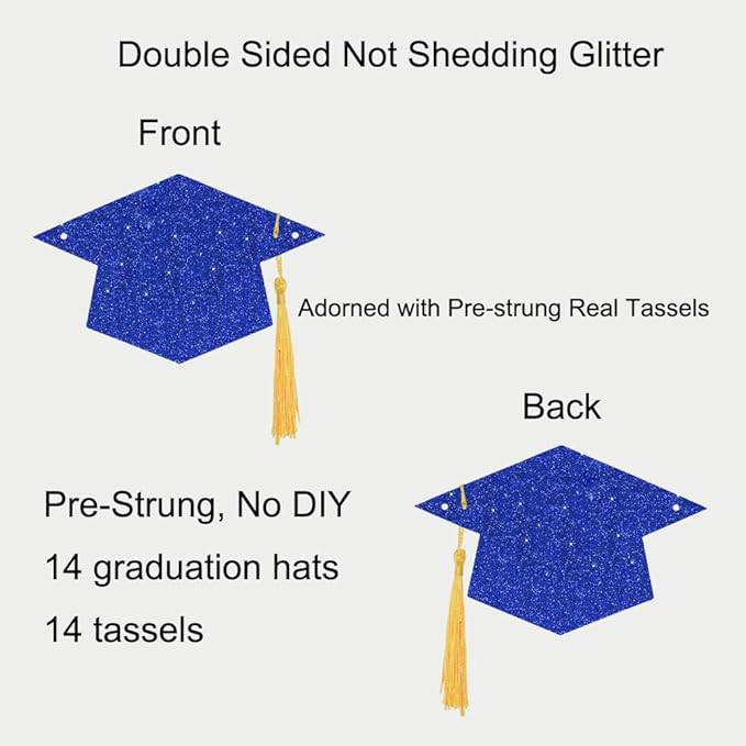 2026 Blue Glitter Graduation Decoration Hats Banners with Tassel Class of 2026 Graduation Banners Garlands for College High School Graduate Party Decorations