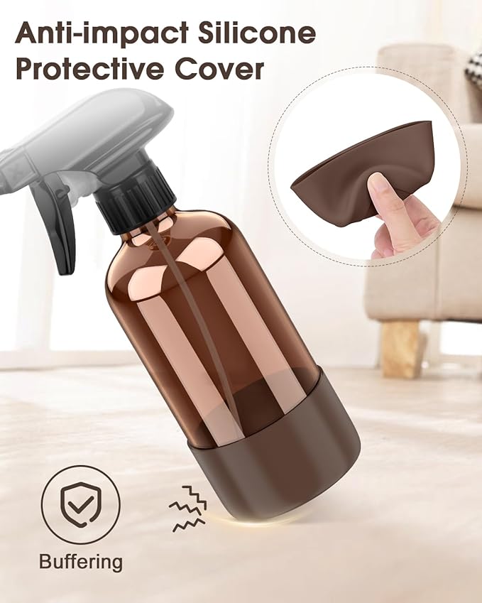 Bontip Glass Spray Bottle with Silicone Sleeve Protection, Amber Glass Spray Bottle Set for Window Cleaner Aromatherapy Facial Hydration Watering Flowers Hair Care 2 Pack/8 oz (Black & Brown)