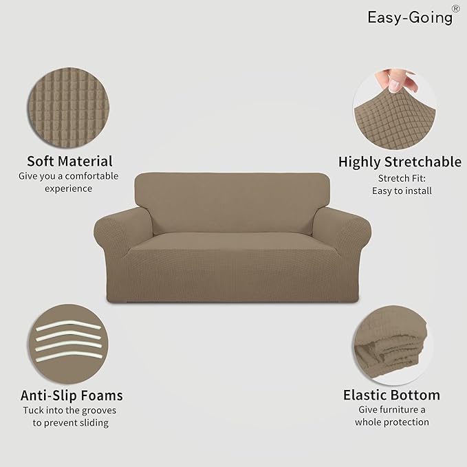 Easy-Going Stretch Oversized Loveseat Slipcover 1-Piece Sofa Cover Furniture Protector Couch Soft with Elastic Bottom for Kids Polyester Spandex Jacquard Fabric Small Checks Natural