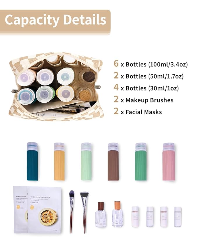 Narwey Checkered Makeup Bag Travel Cosmetic Bag Organizer Toiletry Bag Make Up Bags with Compartments for Women Girls (Large, Khaki Checkerboard)