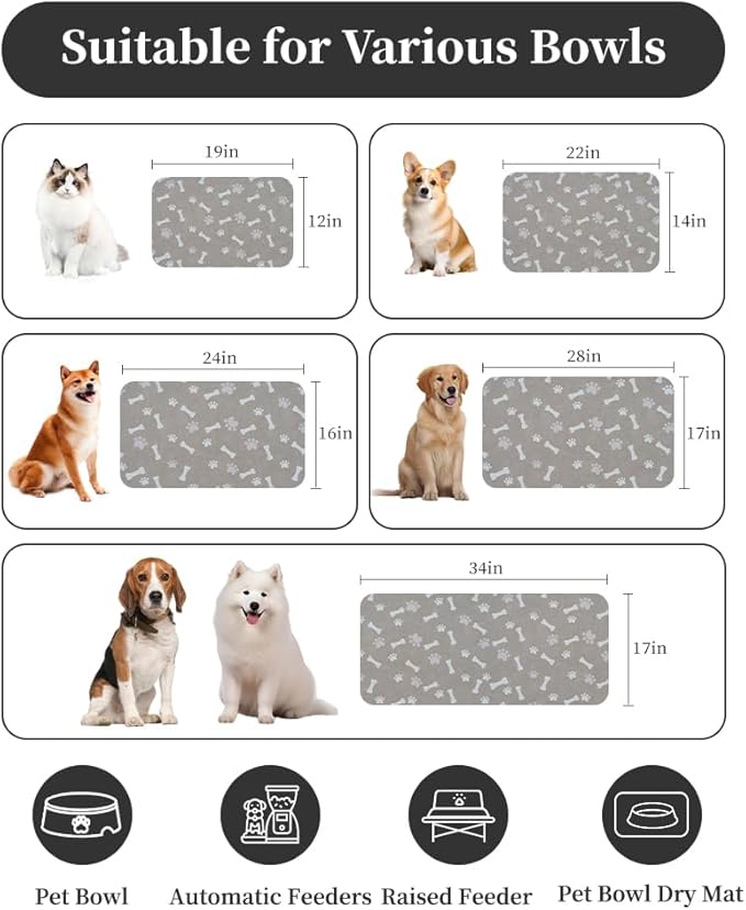 MontVoo Dog Food Mat-Pet Feeding Mat for Food and Water-No Stains Quick Dry Dispenser Cat Bowl Mat for Messy Drinkers(16"X24" Grey)
