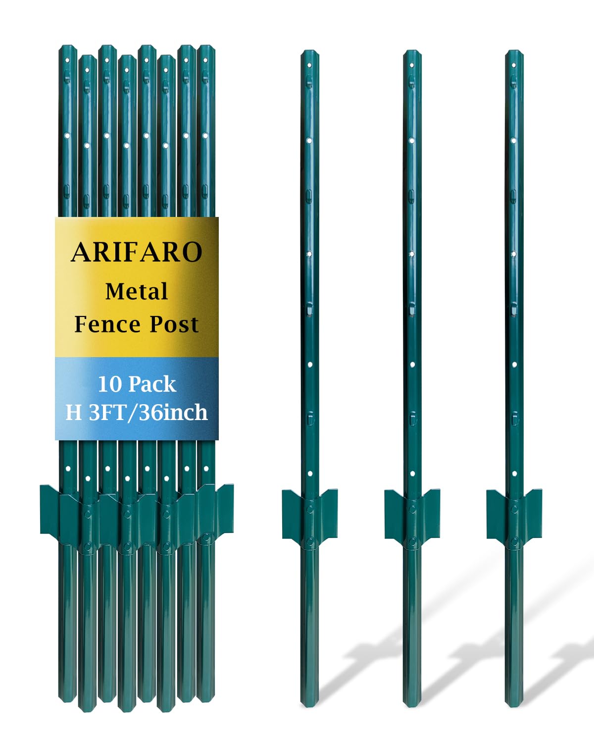ARIFARO Fence Posts 3 Feet Sturdy Duty Metal Fence Post, Pack of 10, No Dig Garden U Post for Wire Fencing Steel Post for Yard, Outdoor Wire