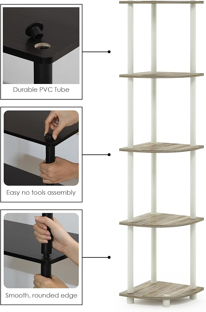 Furinno TURN-N-TUBE Corner Shelf, 5-Tier Corner Bookshelf, Open Storage Shelves, for Organization and Storage, Living Room, Home Office, Garage, Bedroom, Sonoma Oak