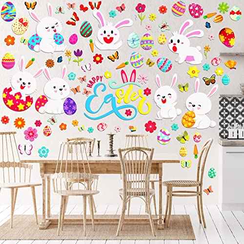 Capoda 103 Pieces 6 Sheets Easter Eggs Bunnies Wall Decal Easter Egg Hunt Games Decals Adorable Bunny Sticker Rabbit Egg Clings for Wall Living Room Bedroom Home Decorations