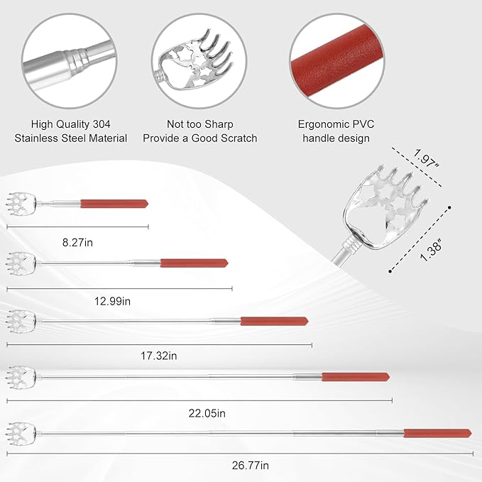 XKOS 4 Pack Different Back Scratcher Portable Telescoping with Rubber Handles, Extendable Metal Back Massager Tool with Beautiful Box, Stocking Stuffers for Men Women Adults (Red)
