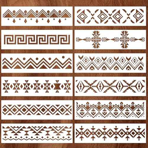 12 Pcs Boho Borders Pattern Stencil, Reusable Aztec Stencils for Painting on Wood, Wall Stencils for Painting Large Pattern, Geometric Templates for Canvas, Furniture, Crafts, Home Decor