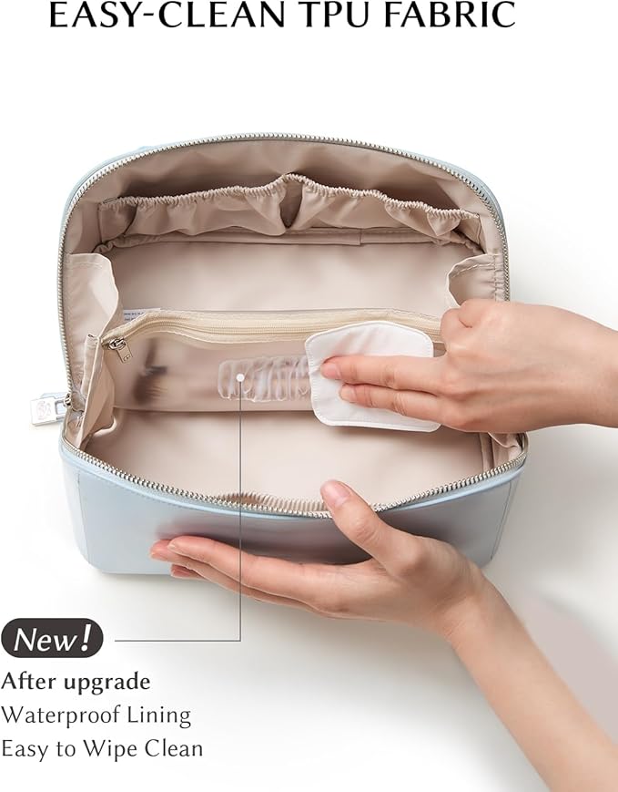 EACHY Travel Makeup Bag, Large Capacity Cosmetic Bag for Women, Waterproof PU Leather, Flat Open Portable Toiletry Bag for Skincare, Brushes & Travel Essentials