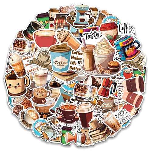 Coffee Stickers 50 Pieces Vinyl Waterproof Decal for Laptop Water Bottle Phone Car Window Bike Motorcycle Stakeboard Scrapbook Coffees Sticker Gifts for Kid Teen Adult