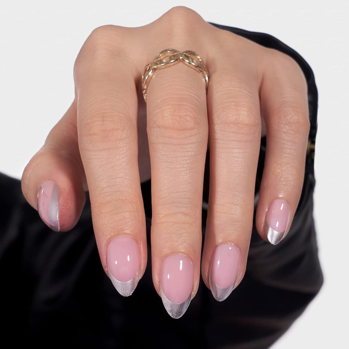 French Tip Press On Nails - BTArtbox 30 PCS Almond Fake Nails, Fit Perfectly & Natural Reusable Silver Outline Soft Gel Nails with Nail Glue and Jelly Glue in 16 Sizes, Rock Me
