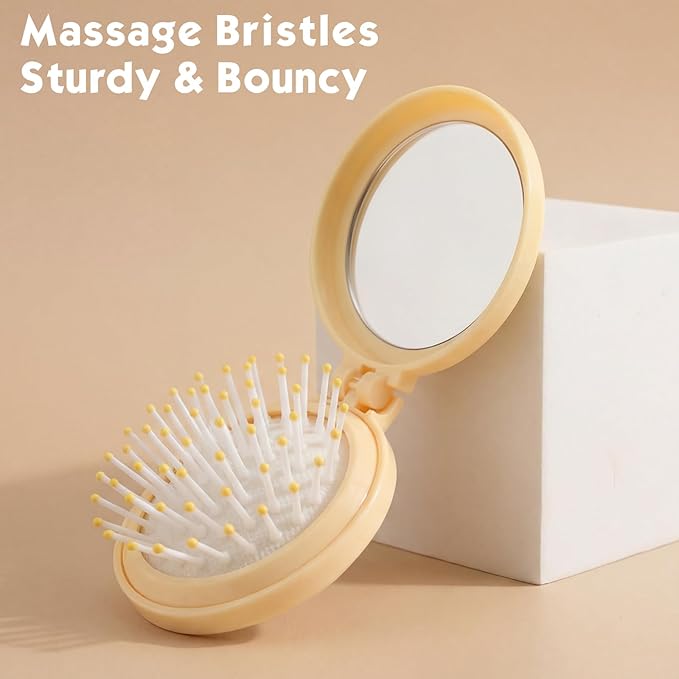 Boao 2 Pack Foldable Travel Mirror Hair Brushes Round Portable Folding Pocket Hair Brush Mini Comb Compact Travel Size Massage Comb for Men Women(Yellow,Round)