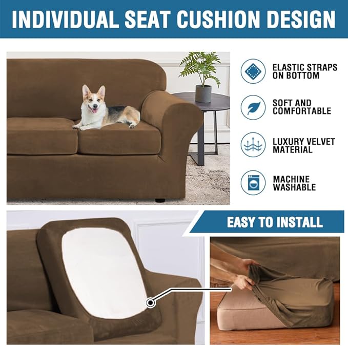 H.VERSAILTEX Modern Velvet Plush 4 Piece High Stretch Sofa Slipcover Sofa Cover Furniture Protector Form Fit Thick Velvet Sofa Cover for 3 Cushion Couch Width Up to 90 Inch (Sofa, Bronze Brown)