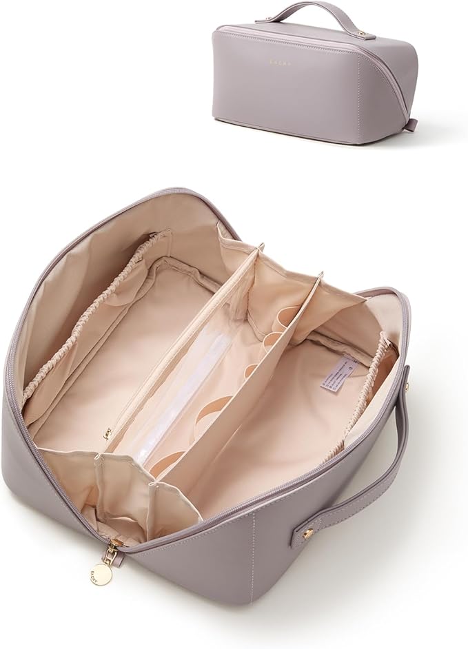 EACHY Travel Makeup Bag, Large Capacity Cosmetic Bag for Women, Waterproof PU Leather, Flat Open Portable Toiletry Bag for Skincare, Brushes & Travel Essentials