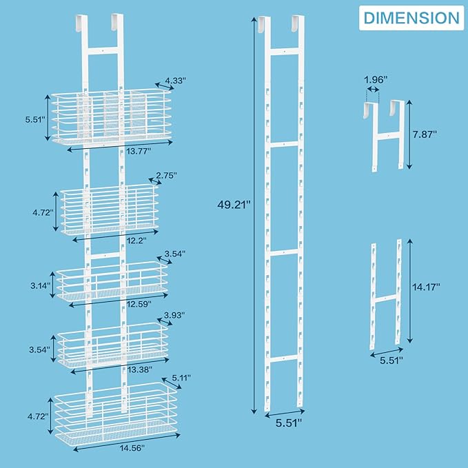 Yuyetuyo 5-Tier Over The Door Organizer Bathroom Shelves Hair Tool Organizer - Hair Dryer Holder Adjustable Height, DIY Bathroom Storage Shelf Wall Mounted Behind The Door Storage