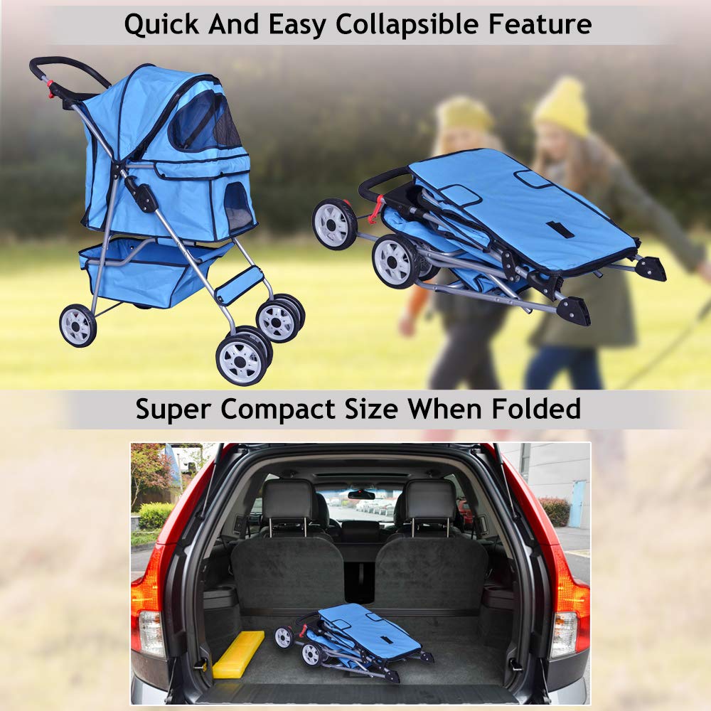 4 Wheels Pet Stroller Cat Dog Cage Stroller Travel Folding Carrier with Cup Holders and Removable Liner for Small-Medium Dog, Cat (Blue)