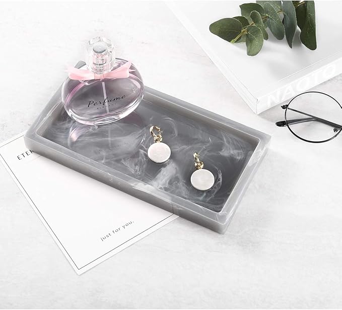 Luxspire Bathroom Vanity Tray, 8 x 4 inch Resin Dresser Jewelry Ring Dish Tank Storage Kitchen Sink Countertop Organizer Plate Holder for Perfume Soap Towel Bathroom Accessories, Mini, Ink Gray